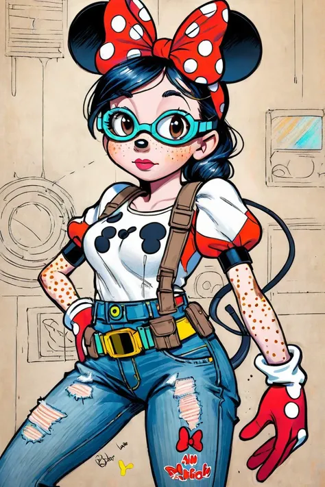 (sketch:1.1), (masterpiece), Minnie Mouse, science fiction, distressed jeans, freckles, gloves, goggles,hyperdetailed,vivid color, drawing with colored pencil style, large strokes, finalized with ink, fine lines