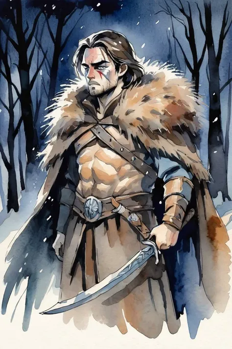 A warrior, an experienced hunter, wearing a fur cape, a scar over his eye. The action takes place in a forest under a dark night sky with sleet., watercolor sketch in artistic style, large strokes, finalized with ink, fine lines