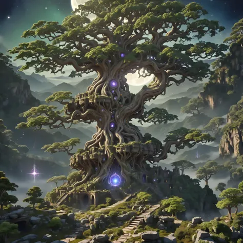 epic digital art, (gigantic magical tree in a mystical forest:1.5), (view from high point:1.5), castle ruins in the distance, mountains in the background, full moon, star images, 8K, unreal engine, masterpiece, ultra high detailed,