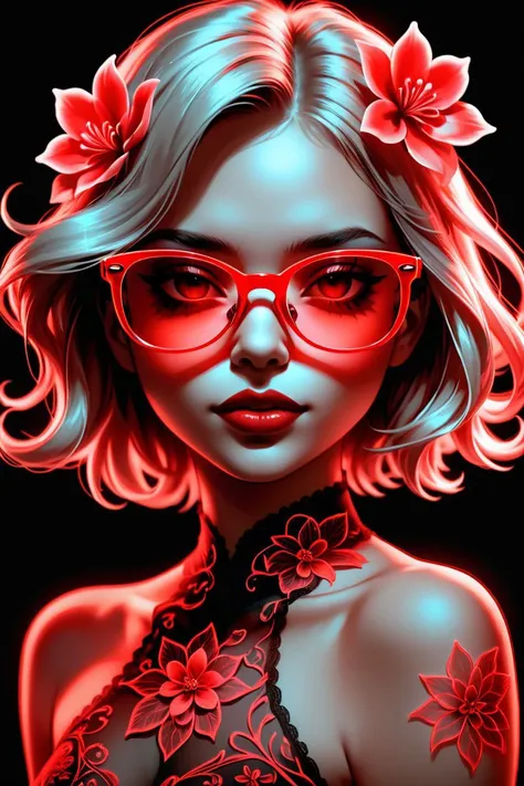 score_9, score_8_up, score_7_up, score_6_up, score_5_up, 8k portrait, girl, red light skin, glasses mask. black light background. transparent glass flower soft focus, Sketched, back key light, 50mm, dichromatic, Glass and black, otherworldly, Highres., dra...