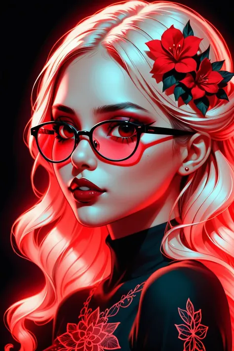 score_9, score_8_up, score_7_up, score_6_up, score_5_up, 8k portrait, girl, red light skin, glasses mask. black light background. flovers soft focus, Sketched, back key light, 50mm, dichromatic, Glass and black, otherworldly, Highres., drawing with colored...