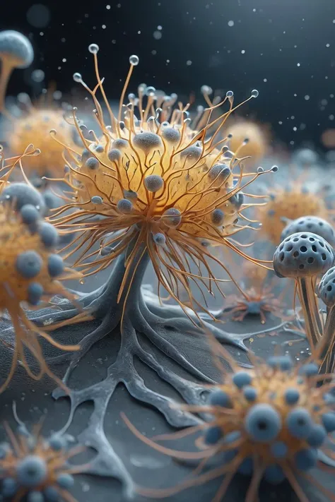 an image by Julie Mehretu of neurons viewed in a microscope, Trypophobia, (masterpiece), (realistic), 8k, RAW photo, very wide shot, octane render, unreal engine, volumetrics dtx, (film grain, bokeh, blurry foreground)