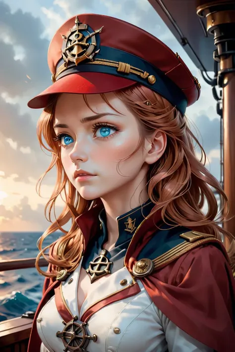 (A small chest:1.2),(masterpiece, best quality:1.2),(beautiful, perfect, delicate, intricate:1.1),1 girl,adult woman,light blue eyes,copper half-up half-down hairstyle,solo,upper body,looking down,detailed background,ship captain,serious,dark red captain u...