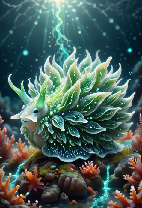 aesthetic illustration of a cute magical phylakes in an enchanted wonderland, beautiful whimsical fantasy art concept, detailed background, glowing particles, storm grey theme, <lora:LeafSheepSeaSlug:0.8> leafsheep, sea slug,