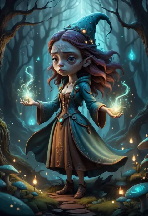 aesthetic illustration of a cute magical hag in an enchanted wonderland, beautiful whimsical fantasy art concept, detailed background, glowing particles, mahogany theme <lora:sadToHappyDoraSliders_v10:-1>