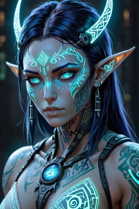 a woman with blue eyes and horns is wearing a green glow