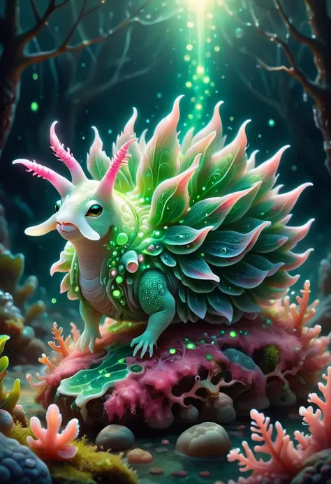 aesthetic illustration of a cute magical mummy in an enchanted wonderland, beautiful whimsical fantasy art concept, detailed background, glowing particles, pink and green theme, <lora:LeafSheepSeaSlug:0.6> leafsheep, sea slug,