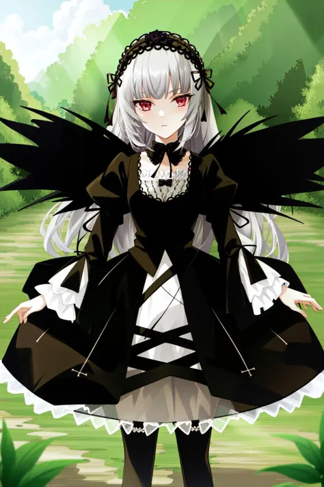 anime girl in black and white dress with black wings