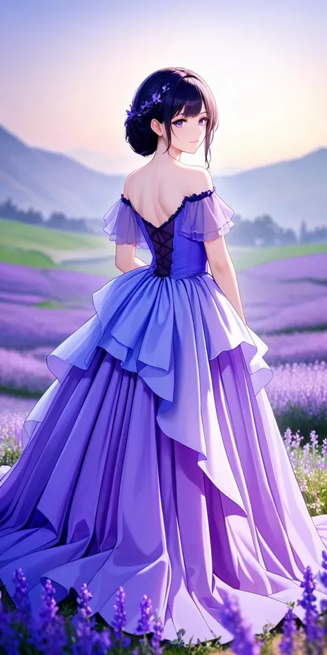 professional art of a woman, 
black hair, violet dress, violet eyes, lavender flowers field on bg, 
wildcards used, 
best qualit...