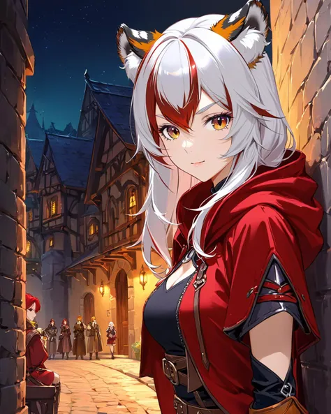 a beautiful evil female scoundrel vit a red cloack and hood,hidden behind a wall,watching a caravan of rich men,dungeons and dragons stylr,fantasu,vibrant colors,night,
<lyco:jbxl16:0.7>,tiger ears,(White hair,red hair,multicolored hair),