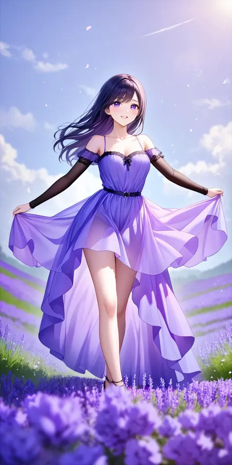 professional art of a woman, 
black hair, violet dress, violet eyes, lavender flowers field on bg, 
wildcards used, 
best qualit...