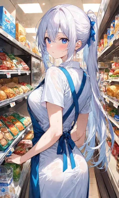 1girl, solo, long hair, looking at viewer, blush, bangs, blue eyes, shirt, hair ornament, hair between eyes, very long hair, white shirt, ponytail, ahoge, white hair, short sleeves, sweat, looking back, from behind, apron, shop, convenience store ,
,master...