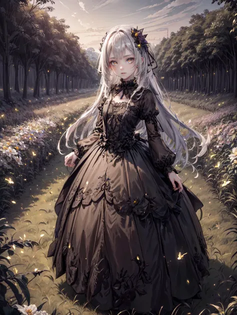 a woman in a dress standing in a field of flowers