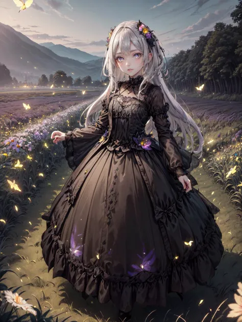 a girl in a dress standing in a field of flowers