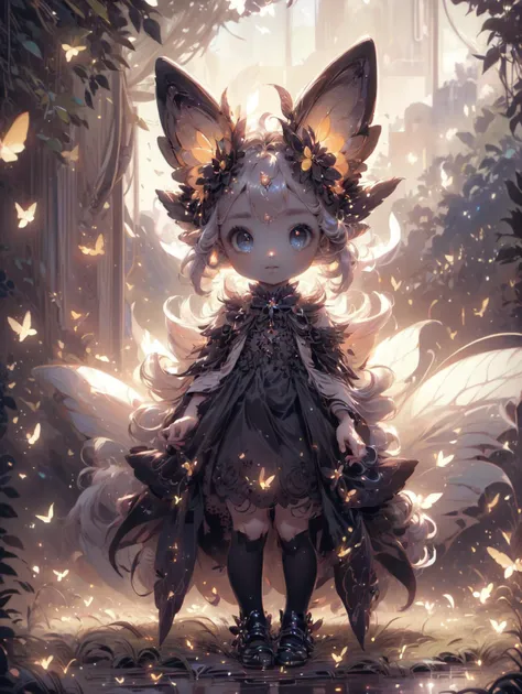 a girl with a fox headdress and wings stands in a forest