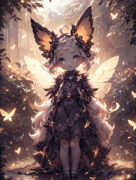 a girl with a butterfly headdress and wings in a forest