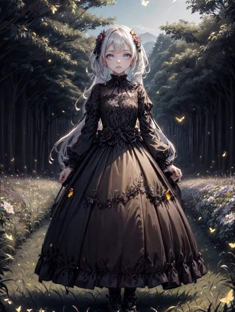 a girl in a dress standing in a forest with butterflies