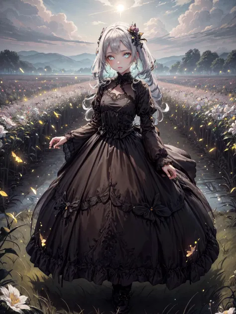 a woman in a black dress standing in a field of flowers