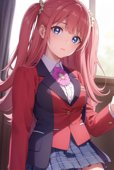 yumemiyumemite, <lora:yumemi yumemite s2-lora-nochekaiser:1>,
yumemi yumemite, long hair, blue eyes, very long hair, pink hair, two side up,
BREAK skirt, shirt, school uniform, jacket, white shirt, pleated skirt, collared shirt, black skirt, blazer, (red j...