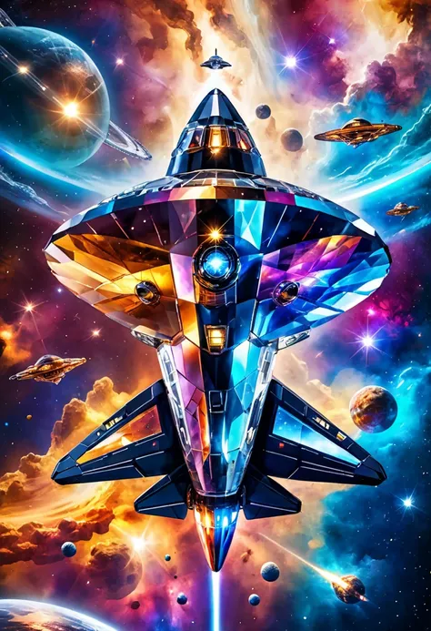 spaceship in pamcrystal style flying in front of a galaxy,realistic,highly detailed,realistic,lifelike,studio photo,highly detailed,colors,dynamic,cinematic,masterpiece,intricate,hdr