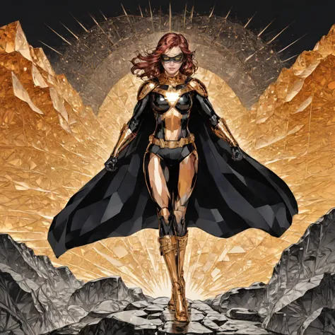 Color Field Painting, black background, a coloured line drawing of an illuminated copper-toned Malaysian female superhero walking in a rocky landscape, brass filigree inlay, intricate, crisp lines pamcrystal <lora:pam_crystal:0.85>