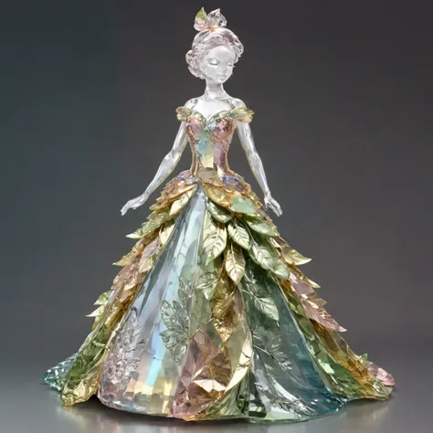 a sculptured ballgown made of leaves made of precious metals with many hard and soft pamcrystal components, very detailed, intricate, pastel color palette, dark background <lora:pam_crystal:0.75>