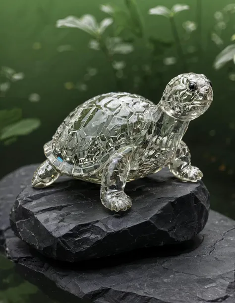 A hand-carved turtle sculpture made from pamcrystal, inspired by the idea of patience, time, and wisdom. The turtle is depicted with a serene expression on its face, as if it has seen many things in its long life. The shell is intricately detailed, with sw...