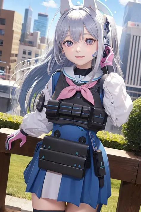 anime girl with a gun and a backpack posing for a picture