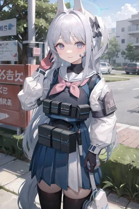 anime girl with a gun and a backpack on a city street