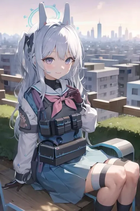 anime girl sitting on a bench with a city in the background