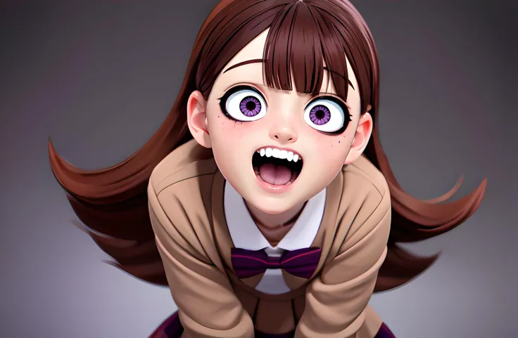 masterpiece, best quality, 1girl, yamai_ren, solo, purple eyes, brown hair, long hair, crazy laugh, yandere, looking at viewer, crazy expression, school uniform, squint, evil face, creepy, constricted pupils, scheming, full body, crab walk, scary, <lora:ya...