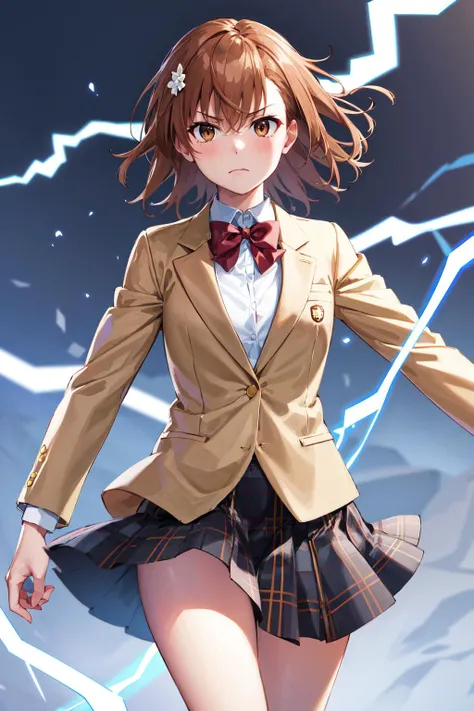 masterpiece, best quality, highres, aamikoto, short hair, hair flower, red bowtie, blazer, brown jacket, long sleeves, plaid skirt, <lora:misaka_mikoto_v1:0.7>, standing, cowboy shot, frown, (electricity:1.2), floating hair, wind