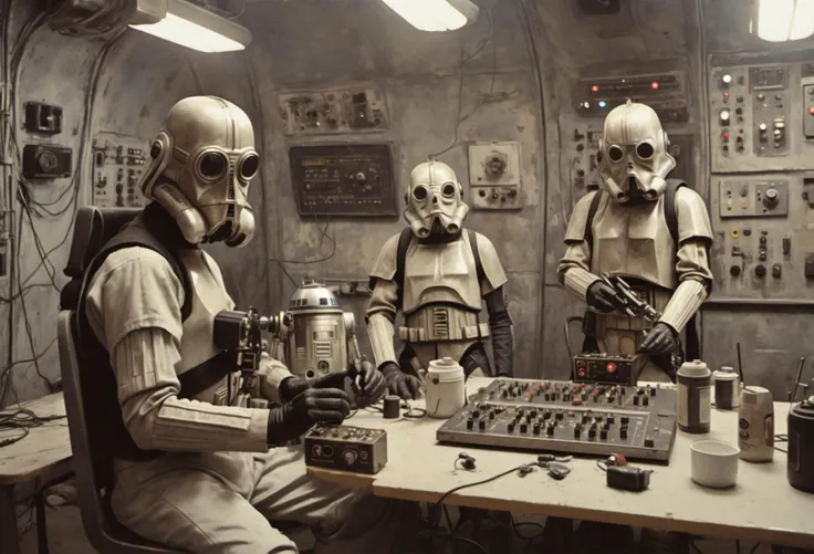 arafed scene of a man in a star wars costume sitting at a desk with a keyboard and two troopers