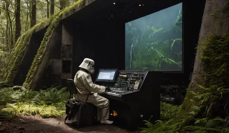 arafed man in a helmet sitting at a desk in a forest