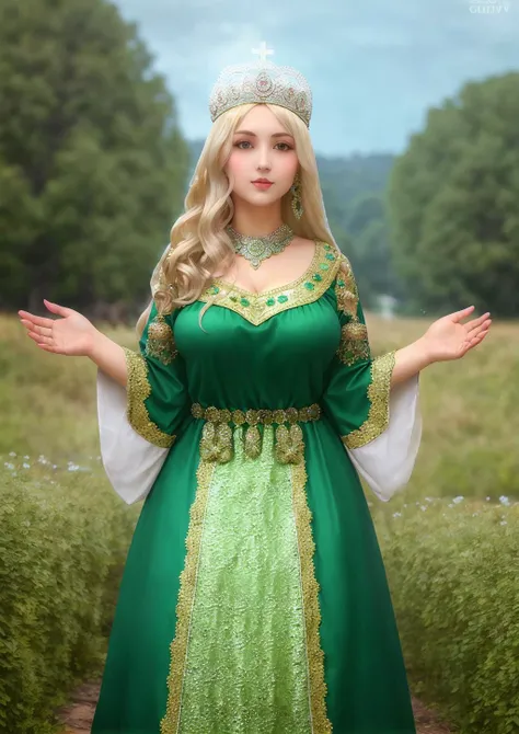 slavic girl , green old Slavonic dress, with crown, open tits, upper body,detailed, high quality,  <lora:Gilev:0.7>