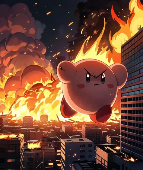 grainy, extremely detailed, masterpiece, high quality, <lora:Kirby:0.75>, extremely angry massive kirby destroying big city, flames, burning buildings, ruined buildings