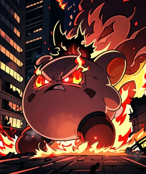 grainy, extremely detailed, masterpiece, high quality, <lora:Kirby:0.75>, extremely angry massive kirby destroying big city, flames, burning buildings, ruined buildings, (red glowing eyes:1.1)