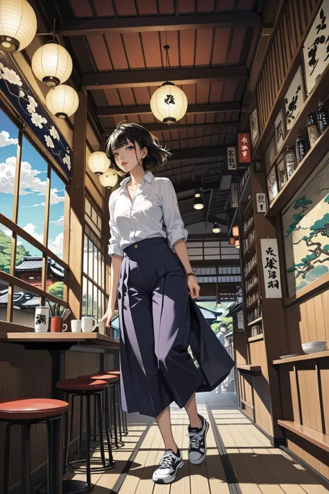 masterpiece, amazing quality, best quality, high resolution, 4K, 8K, UHD, 
Ukiyoe art styles, by rella, by Yoneyama Mai, by Miyagawa ChÅshun
1girl, solo,  Culottes, button-down shirt, and sneakers., stylish, Sightseeing in Kyoto, in a cafe, flamboyant,
dy...