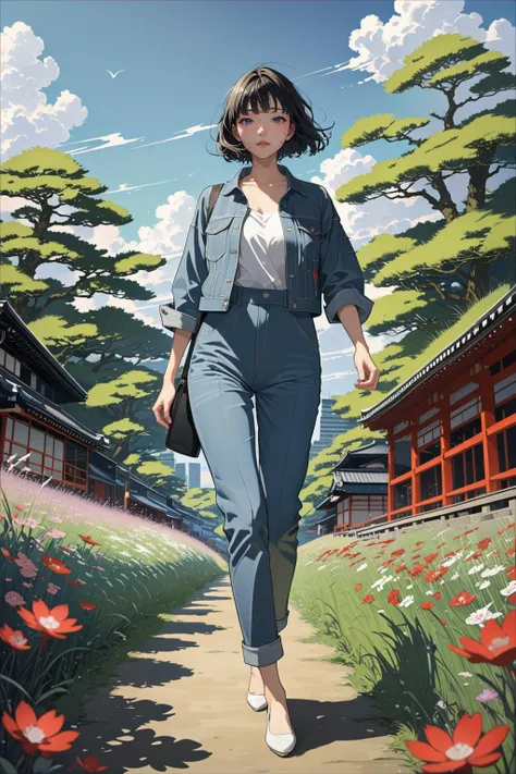 masterpiece, amazing quality, best quality, high resolution, 4K, 8K, UHD, 
Ukiyoe art styles, by rella, by Yoneyama Mai, by Katsushika Åi
1girl, solo,  Jumpsuit, denim jacket, and flats., stylish, Sightseeing in Osaka, in a meadow, vengeful,
dynamic angle...