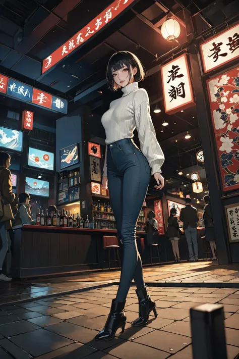 masterpiece, amazing quality, best quality, high resolution, 4K, 8K, UHD, 
Ukiyoe art styles, by rella, by Yoneyama Mai, by Yanagawa Nobusada
1girl, solo,  Turtleneck sweater, high-waisted jeans, and ankle boots, stylish, Sightseeing in Tokyo, in a dimly l...