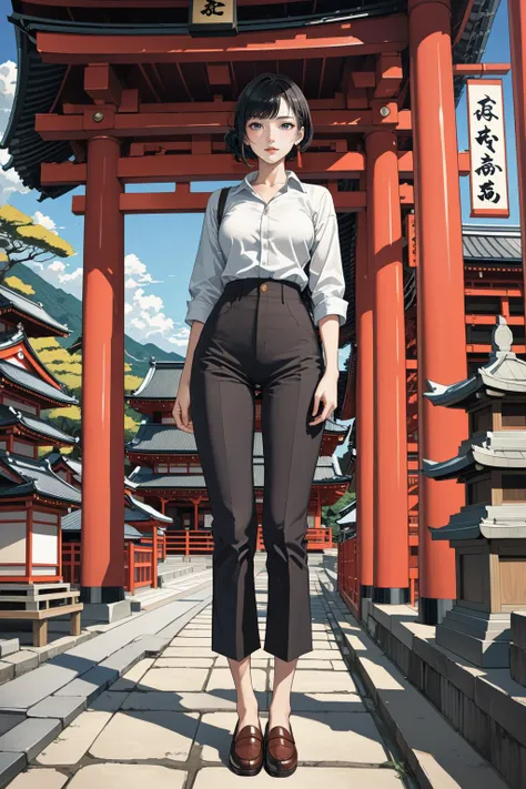 masterpiece, amazing quality, best quality, high resolution, 4K, 8K, UHD, 
Ukiyoe art styles, by rella, by Yoneyama Mai, by KÅgyo Tsukioka
1girl, solo,  Cropped button-up shirt, high-waisted pants, and loafers, stylish, Sightseeing in Japan, at a temple, ...