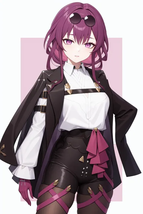 a woman in a short skirt and jacket with a purple hair