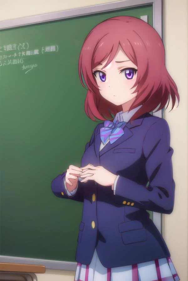 makinishikino, <lora:maki nishikino s1-lora-nochekaiser:1>,
maki nishikino, short hair, (purple eyes:1.1), red hair,
BREAK skirt, school uniform, jacket, blazer, winter uniform, otonokizaka school uniform,
BREAK indoors, classroom,
BREAK looking at viewer,...