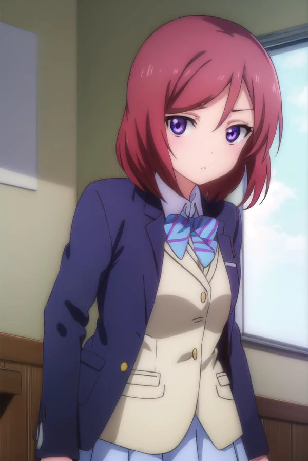 makinishikino, <lora:maki nishikino s1-lora-nochekaiser:1>,
maki nishikino, short hair, (purple eyes:1.1), red hair,
BREAK skirt, school uniform, jacket, blazer, winter uniform, otonokizaka school uniform,
BREAK indoors, classroom,
BREAK looking at viewer,...