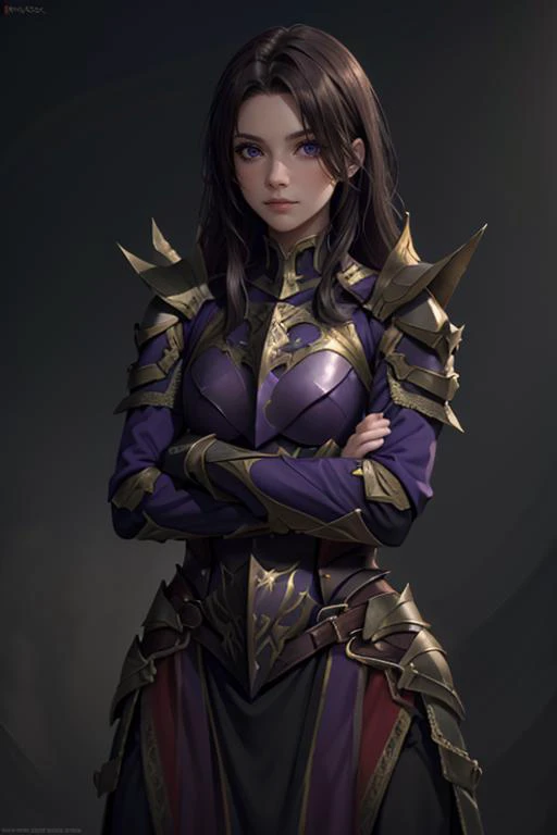 a woman in armor poses for a photo in a dark background