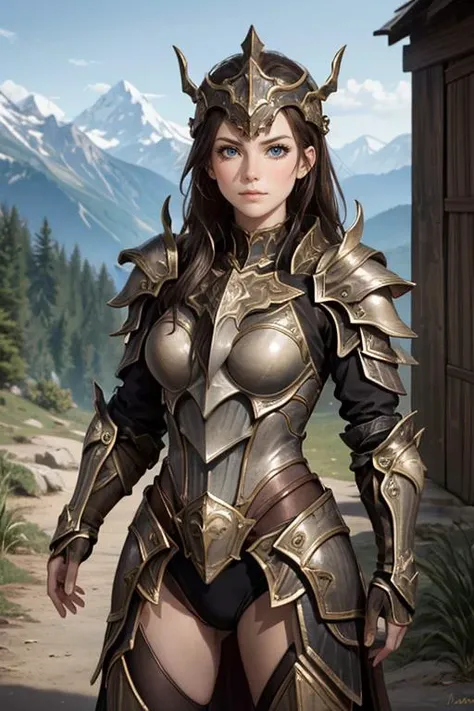 a woman in armor standing in front of a mountain