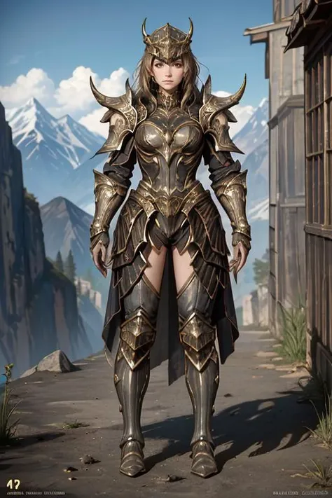 a woman in armor standing on a street next to a building