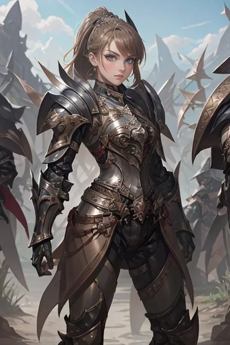 a woman in armor standing in front of a group of other people