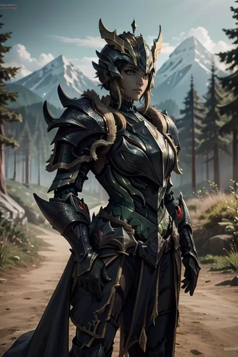 a woman in armor standing in the middle of a forest