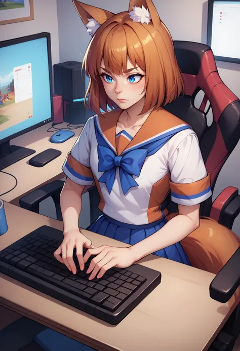 score_9, score_8_up, score_7_up, score_6_up, BREAK sitting at desk,gaming chair,rgb,typing,computer,technology,keyboard,ffchan, fox ears,blue bowtie, white shirt, serafuku, short sleeves, blue skirt, fox tail <lora:ffchan-pdxl-nvwls-v1:1>